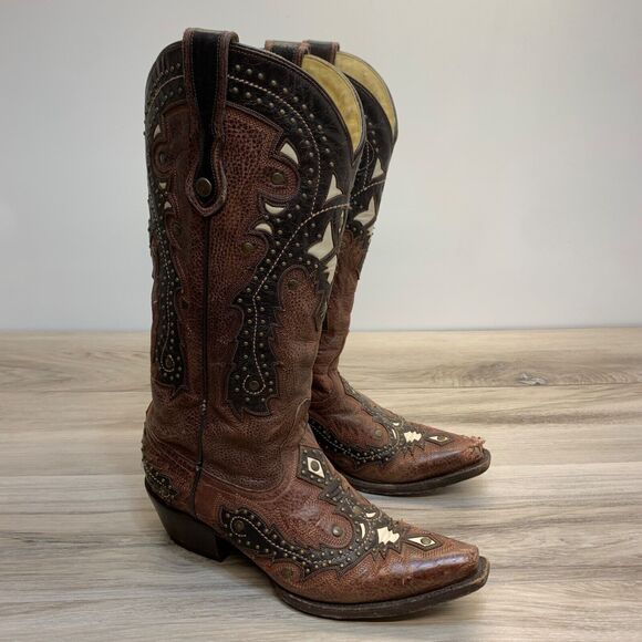 Corral G1042 Womens Studded Inlay 7M Brown Leather Inlay Snip Toe Western Boot - Picture 1 of 16
